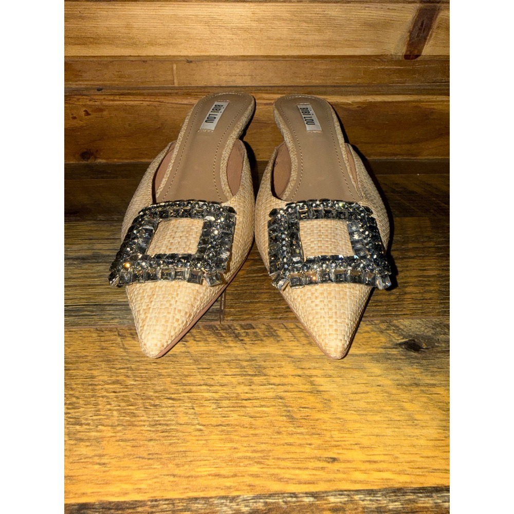 Bibi Lou Heel In Cream Raffia Crystal Buckle Kitten Heel Mules Pointed Toe 7.5 - Picture 16 of 16